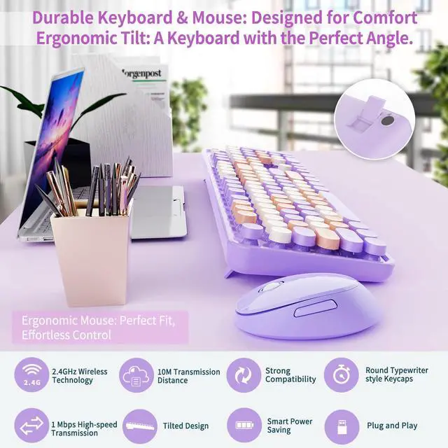 Alt view image 5 of 5 - Nowlike Wireless Keyboard and Mouse Combo, Retro Typewriter Keyboard with Round Keycaps, Full-Size Ergonomic, Purple, Ideal for Windows PC, Home, Office, and College