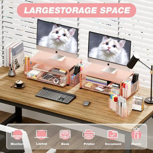 Alt view image 4 of 5 - OPNICE Desk Organizers and Accessories, 2-Tier Computer Monitor Stand with Drawer and 2 Pen Holders, Office Desk Accessories Workspace Desktop Organizers for Office Supplies, Rose Gold