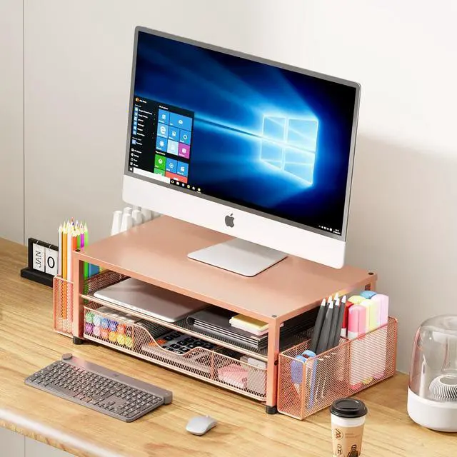 Alt view image 5 of 5 - OPNICE Desk Organizers and Accessories, 2-Tier Computer Monitor Stand with Drawer and 2 Pen Holders, Office Desk Accessories Workspace Desktop Organizers for Office Supplies, Rose Gold