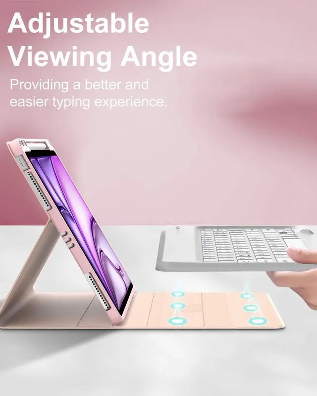 Alt view image 2 of 5 - Keyboard Case for iPad Air 13 inch M2 2024, Magnetic Detachable Slim Wireless Bluetooth Keyboard, Precise Cutouts Folio Cover Case with Pencil Holder, Adjustable Angles, Auto Sleep/Wake, Light Pink