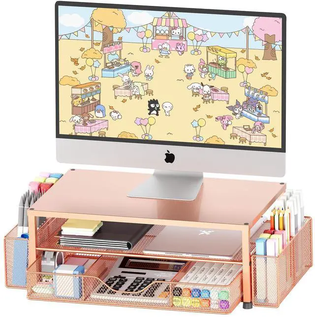 Main image of OPNICE Desk Organizers and Accessories, 2-Tier Computer Monitor Stand with Drawer and 2 Pen Holders, Office Desk Accessories Workspace Desktop Organizers for Office Supplies, Rose Gold