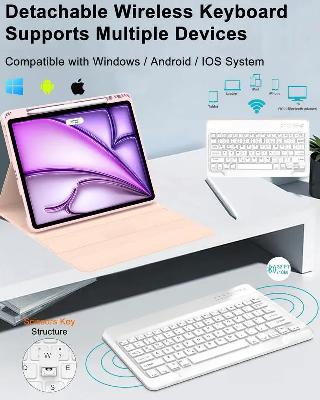 Alt view image 5 of 5 - Keyboard Case for iPad Air 13 inch M2 2024, Magnetic Detachable Slim Wireless Bluetooth Keyboard, Precise Cutouts Folio Cover Case with Pencil Holder, Adjustable Angles, Auto Sleep/Wake, Light Pink