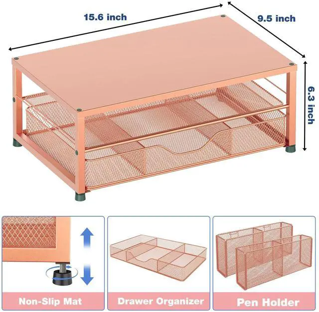 Alt view image 3 of 5 - OPNICE Desk Organizers and Accessories, 2-Tier Computer Monitor Stand with Drawer and 2 Pen Holders, Office Desk Accessories Workspace Desktop Organizers for Office Supplies, Rose Gold