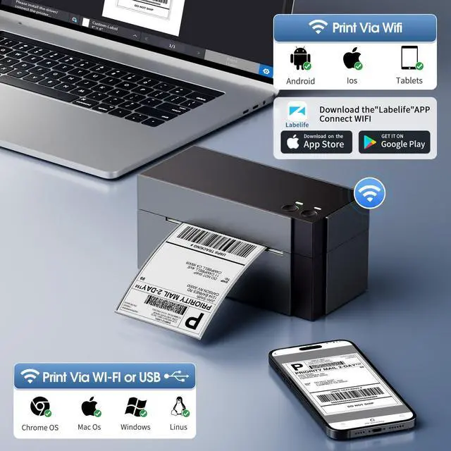 Alt view image 2 of 5 - Phomemo 344WF (Upgraded) Wi-Fi Shipping Label Printer with 750pcs 2x2Thermal Labels Colored