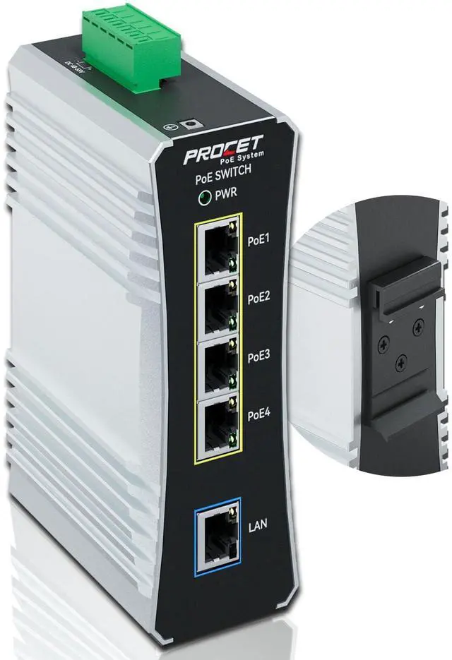 Main image of PROCET Gigabit PoE Switch 4-Port Din Rail, 90W/Port, Industrial POE++ Ethernet Switch with Wide Temp -40°F to 149°F, IEEE802.3af/802.3at/802.3bt, PT-PIS4PB1T