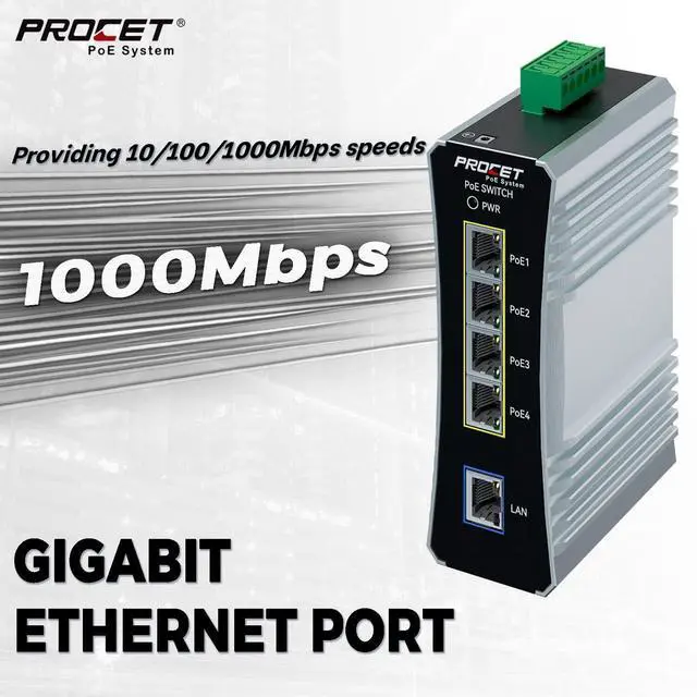Alt view image 4 of 5 - PROCET Gigabit PoE Switch 4-Port Din Rail, 90W/Port, Industrial POE++ Ethernet Switch with Wide Temp -40°F to 149°F, IEEE802.3af/802.3at/802.3bt, PT-PIS4PB1T