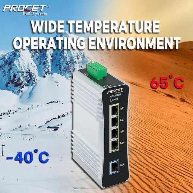 Alt view image 5 of 5 - PROCET Gigabit PoE Switch 4-Port Din Rail, 90W/Port, Industrial POE++ Ethernet Switch with Wide Temp -40°F to 149°F, IEEE802.3af/802.3at/802.3bt, PT-PIS4PB1T