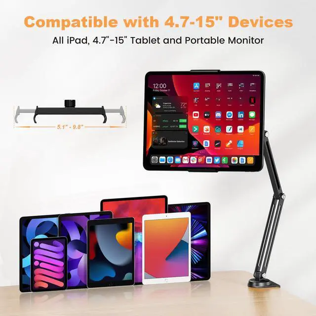 Alt view image 4 of 5 - Tablet Stand for ipad, Aluminum Alloy Foldable Tablet Arm Mount, ipad Holder for Desk Compatible with ipad Pro Air Mini, Samsung Galaxy Tab, Portable Monitor Stand 5.1-9.8'' Adjustable