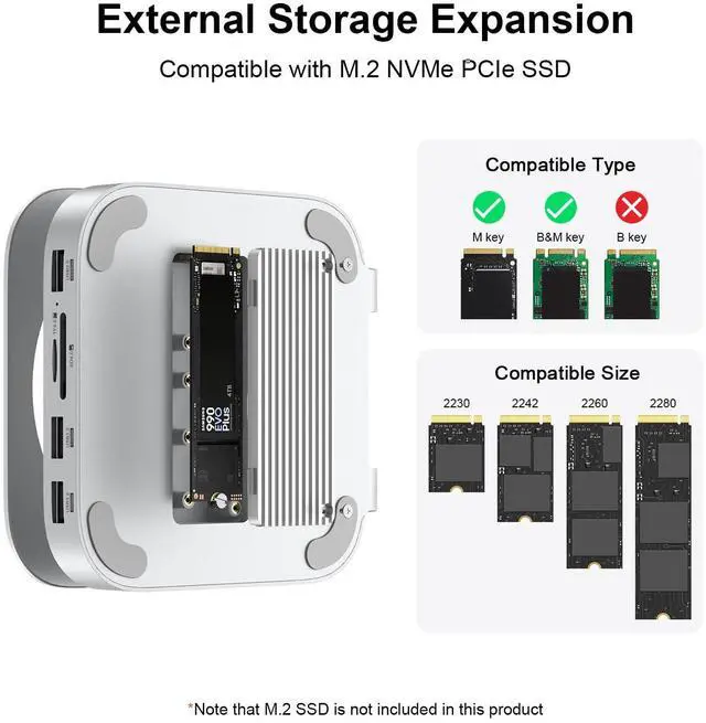Alt view image 4 of 5 - Qwiizlab Aluminum Stand Hub for Mac mini M4/M4 Pro, Docking Station with with NVMe SSD Enclosure, 2 USB-A 10Gbps, TF/SD 4.0 Card Readers 312MB/s, USB-A 2.0, Fits M.2 NVMe SSD up to 8TB