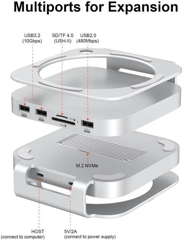 Alt view image 2 of 5 - Qwiizlab Aluminum Stand Hub for Mac mini M4/M4 Pro, Docking Station with with NVMe SSD Enclosure, 2 USB-A 10Gbps, TF/SD 4.0 Card Readers 312MB/s, USB-A 2.0, Fits M.2 NVMe SSD up to 8TB
