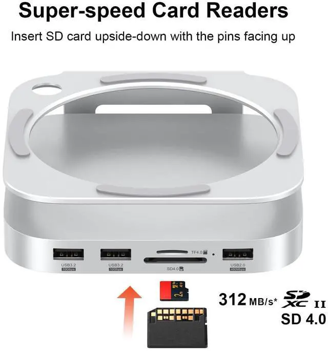 Alt view image 3 of 5 - Qwiizlab Aluminum Stand Hub for Mac mini M4/M4 Pro, Docking Station with with NVMe SSD Enclosure, 2 USB-A 10Gbps, TF/SD 4.0 Card Readers 312MB/s, USB-A 2.0, Fits M.2 NVMe SSD up to 8TB