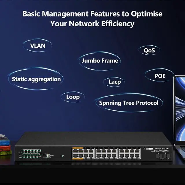 Alt view image 4 of 5 - 24 Port 2.5Gb PoE+ Managed Ethernet Network Switch 24 PoE+ Port @500W | PoE++ Port 1-4 Up to 90W Each | 2 x 10G SFP+ | IEEE 802.3bt/ at/ af | 160G Bandwidth | Metal Internet Switch | 19In Rack Mount