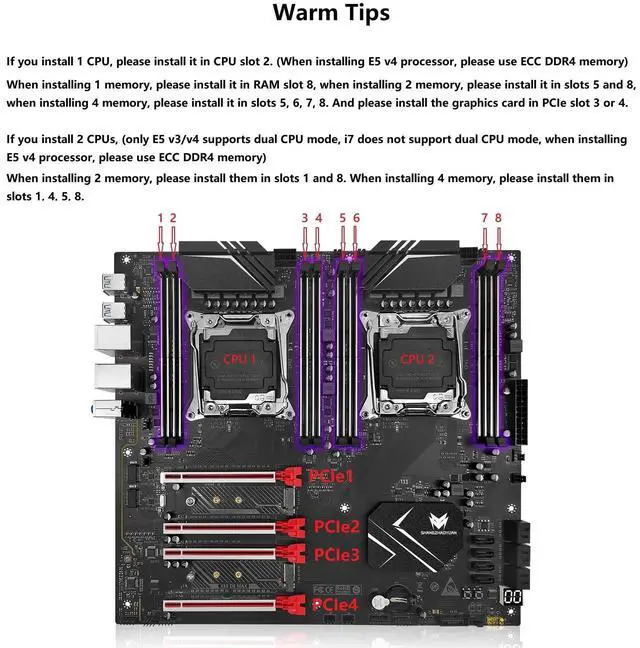 Alt view image 5 of 5 - SHANGZHAOYUAN X99 Dual CPU Motherboard LGA 2011-3 Server Motherboard for Intel i7 5th/6th Gen Xeon E5 V3/V4 Series (E-ATX, 8*DDR4 ECC Max 256G, 2*NVME M.2, 2*Gb LAN, SATA 3.0, PCIe 3.0)