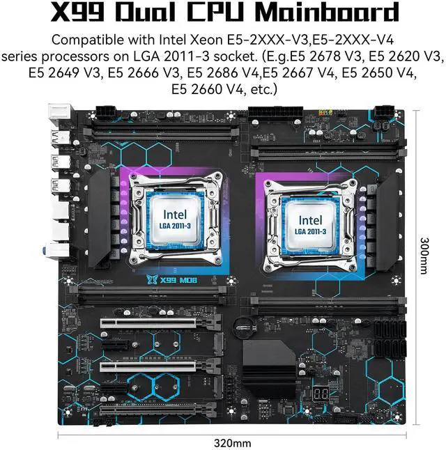 Alt view image 2 of 5 - SHANGZHAOYUAN X99 Dual CPU Motherboard Intel LGA 2011-V3 Motherboard for Xeon E5 V3/V4 Series Processor (E-ATX, DDR4 Max 256GB, PCIe 3.0, NVME/NGFF M.2, SATA 6Gbps, USB 3.0, Gigabit LAN)