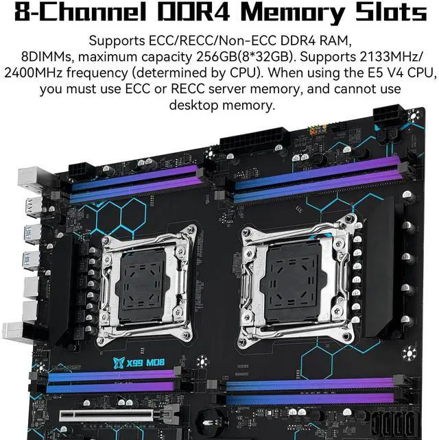 Alt view image 3 of 5 - SHANGZHAOYUAN X99 Dual CPU Motherboard Intel LGA 2011-V3 Motherboard for Xeon E5 V3/V4 Series Processor (E-ATX, DDR4 Max 256GB, PCIe 3.0, NVME/NGFF M.2, SATA 6Gbps, USB 3.0, Gigabit LAN)