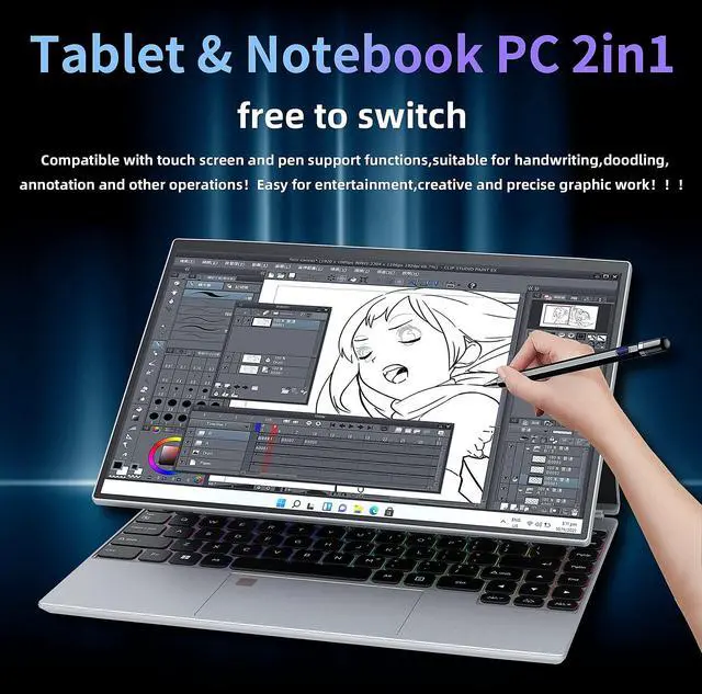 Alt view image 2 of 5 - ZWYING 4 in 1 Laptop[(Win 11 Pro/2019 Office)]  14 inches Full HD Touch Screen Laptop High-Speed Celeron N5105 DDR4 16GB 960GB SSD Studio Laptop Color Backlight Keyboard/Type-C