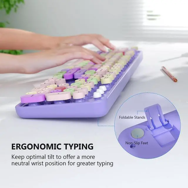 Alt view image 4 of 5 - Wireless Keyboard and Mouse Combo, MOFII Full-Size Retro Round Keyboard and Mouse, 2.4 GHz Wireless, Plug and Play, 8 Multimedia & Shortcut Keysfor Mac, Windows, Laptop/Desktop/PC (Purple)
