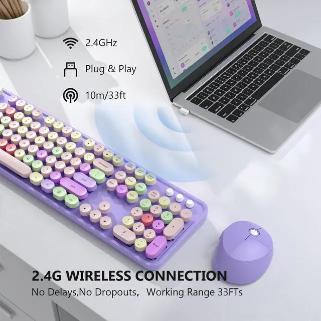 Alt view image 2 of 5 - Wireless Keyboard and Mouse Combo, MOFII Full-Size Retro Round Keyboard and Mouse, 2.4 GHz Wireless, Plug and Play, 8 Multimedia & Shortcut Keysfor Mac, Windows, Laptop/Desktop/PC (Purple)