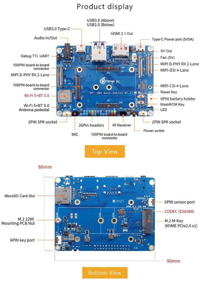 Alt view image 4 of 5 - Orange Pi CM5 Tablet Base Board Rich Interface, Up to 8K @60Hz, with Wi-Fi5+BT 5.0, BLE Support for Orange Pi CM5