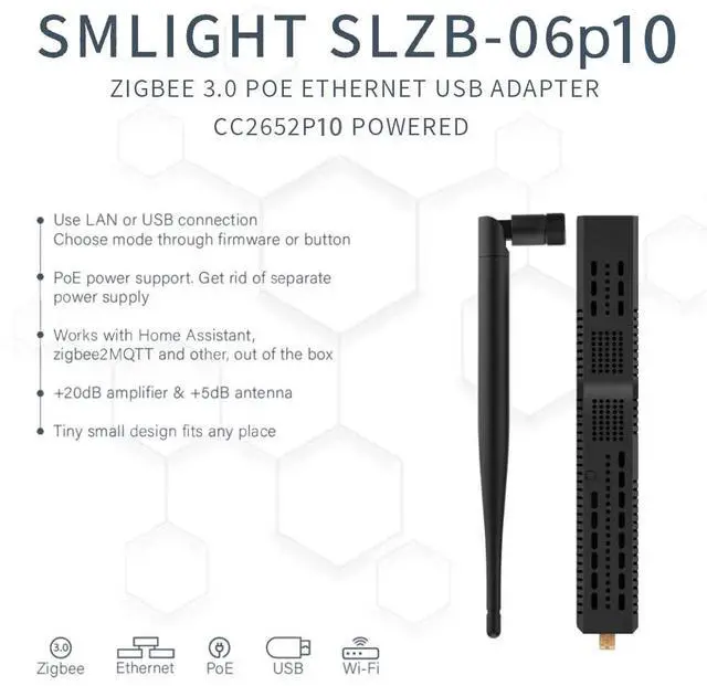 Alt view image 2 of 5 - SMLIGHT SLZB-06P10  A Zigbee 3.0 to Ethernet, USB, and WiFi Adapter with PoE Support, Works with Zigbee2MQTT, Home Assistant, ZHA