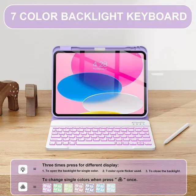 Alt view image 4 of 5 - Soke for iPad (A16) 11th/10th Generation Case with Keyboard(2025/2022)-7 Color Backlight Wireless Detachable Folio Keyboard Cover with Built-in Pencil Holder for iPad 11/10.9 inch, Lilac