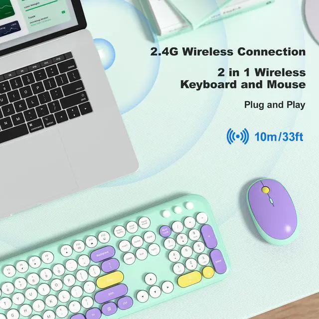 Alt view image 2 of 5 - Wireless Keyboard and Mouse Set, SQMD Typewriter Full Size Keyboard with Number Pad, 2.4G USB Cute Typewriter Keyboard and Mouse Combo, for Windows 7/8/10, Laptop, Desktop, PC - Blue Colorful