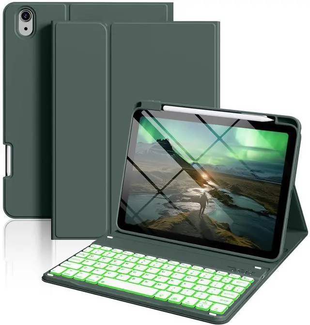 Main image of SZPSGC Keyboard Case for iPad (A16)11th Generation 11 Inch 2025, iPad 10th Generation 10.9 Inch 2022, Smart Folio Cover with 7 Colors Backlit Wireless Detachable Keyboard, Auto Sleep Wake, Dark Green