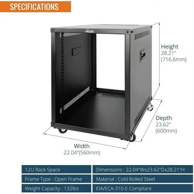 Alt view image 2 of 5 - Tecmojo 12U Portable Rolling Network Rack, 4-Post Mobile Open Frame Server Rack with Wheels, Free Standing Server Cabinet for Computer/Data/AV/IT Equipment/Network Equipment