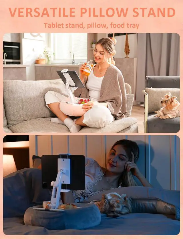 Alt view image 2 of 5 - Tablet Stand Ereader Pillow Holder with 2 Detachable Trays & Soft Plush Pillow, Adjustable Tablet Holder for Bed/Lap Compatible with Kindle Kobo iPad iPhone Android & Other 4.7-13" Devices (Pink)