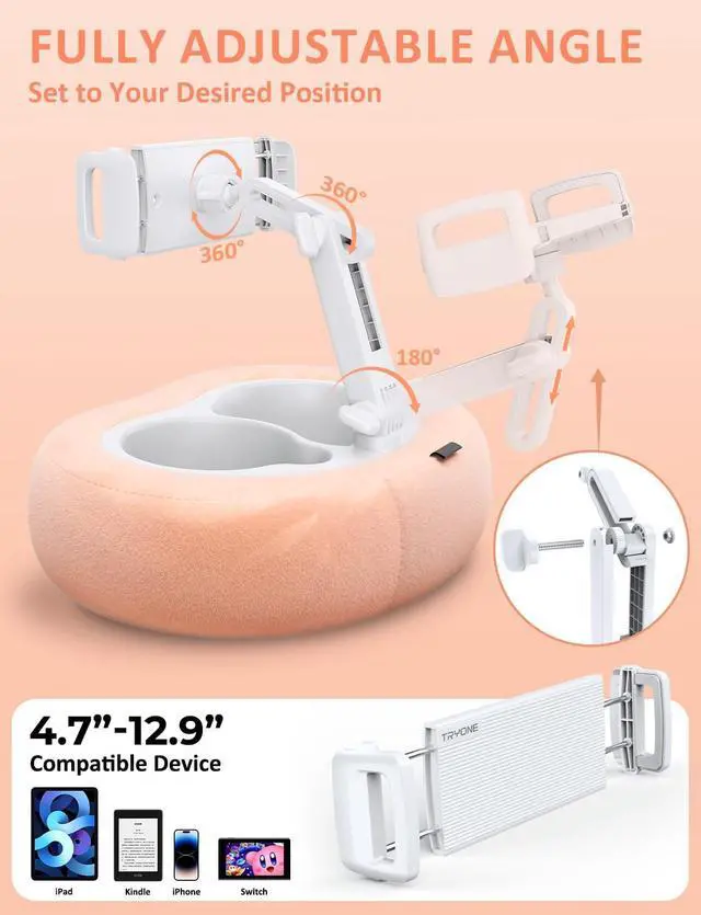 Alt view image 4 of 5 - Tablet Stand Ereader Pillow Holder with 2 Detachable Trays & Soft Plush Pillow, Adjustable Tablet Holder for Bed/Lap Compatible with Kindle Kobo iPad iPhone Android & Other 4.7-13" Devices (Pink)