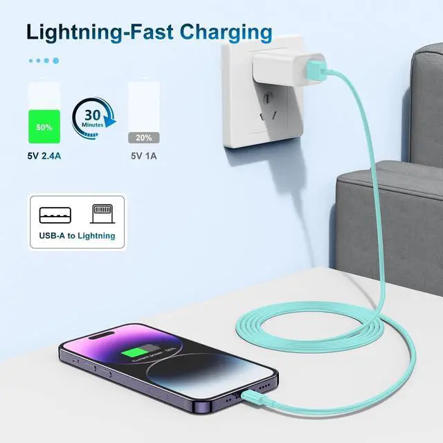 Alt view image 4 of 5 - 3 Pack Apple MFi Certified Charger Cable 3ft, Lightning to USB Cable Cord 3 Foot, 2.4A Fast Charging,Apple Phone Long Chargers for iPhone 13/12/11/11Pro/11Max/ X/XS/XR/XS Max/8/7/6 Light Blue
