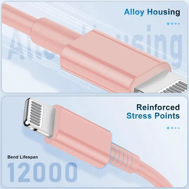 Alt view image 3 of 5 - 3 Pack Apple MFi Certified Charger Cable 6ft, Lightning to USB Cable Cord 6 Foot, 2.4A Fast Charging,Apple Phone Long Chargers for iPhone 13/12/11/11Pro/11Max/ X/XS/XR/XS Max/8/7/6 Pink