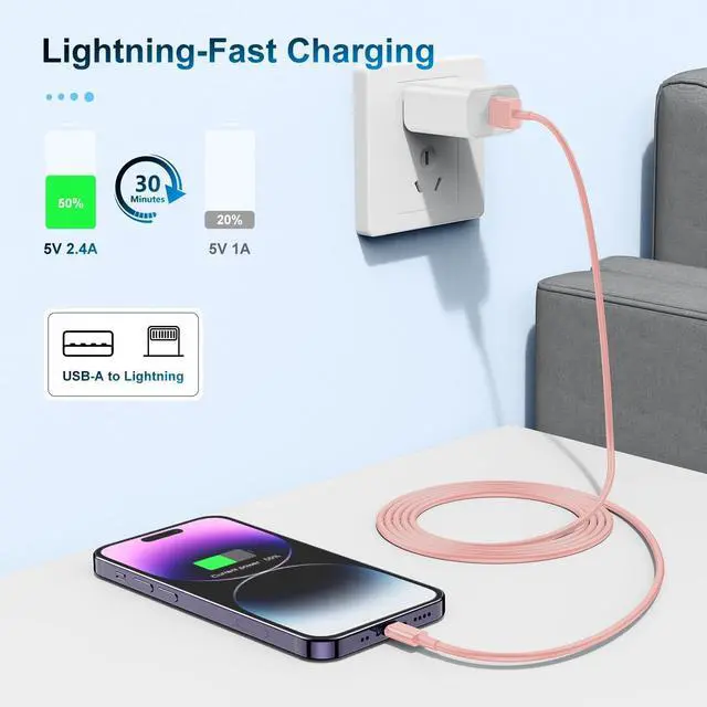 Alt view image 4 of 5 - 3 Pack Apple MFi Certified Charger Cable 6ft, Lightning to USB Cable Cord 6 Foot, 2.4A Fast Charging,Apple Phone Long Chargers for iPhone 13/12/11/11Pro/11Max/ X/XS/XR/XS Max/8/7/6 Pink