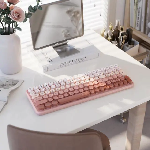 Alt view image 2 of 5 - UBOTIE Colorful Bluetooth 100Keys Keyboards, Wireless Compact Rainbow Gradual Colors Retro Typewriter Flexible Keyboard for Tablet, Cellphones, PC(Peach Gradient)