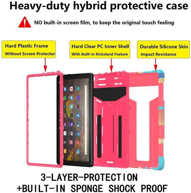 Alt view image 4 of 5 - UUcovers Kindle Fire HD 10 & 10 Plus Tablet Case (Only Fits 11th Generation, 2021 Release) with Kickstand Shockproof 3 in 1 Heavy Duty Rugged Hybrid Hard PC & Soft Silicone Cover, Rainbow & Rose Red