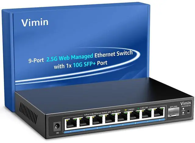 Main image of 8 Port 2.5G Web Managed Ethernet Switch with 10G SFP, VIMIN 9 Port 2.5G Smart Network Switch Managed 60Gbps Switching Capacity, Support Vlan/QoS/IGMP/Static Aggregation, Desktop/Wall-Mount, Fanless