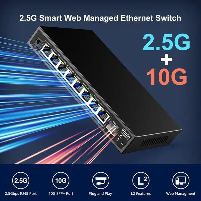 Alt view image 3 of 5 - 8 Port 2.5G Web Managed Ethernet Switch with 10G SFP, VIMIN 9 Port 2.5G Smart Network Switch Managed 60Gbps Switching Capacity, Support Vlan/QoS/IGMP/Static Aggregation, Desktop/Wall-Mount, Fanless