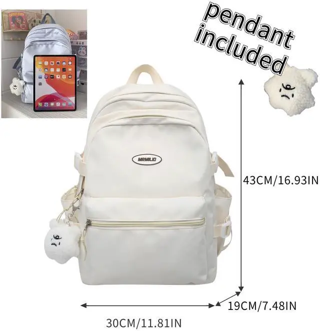 Alt view image 3 of 5 - VTTDB Kawaii Backpack with Cute Accessories Casual Aesthetic Daypack Simple Laptop Bag Waterproof Travel Rucksack for Women (white)