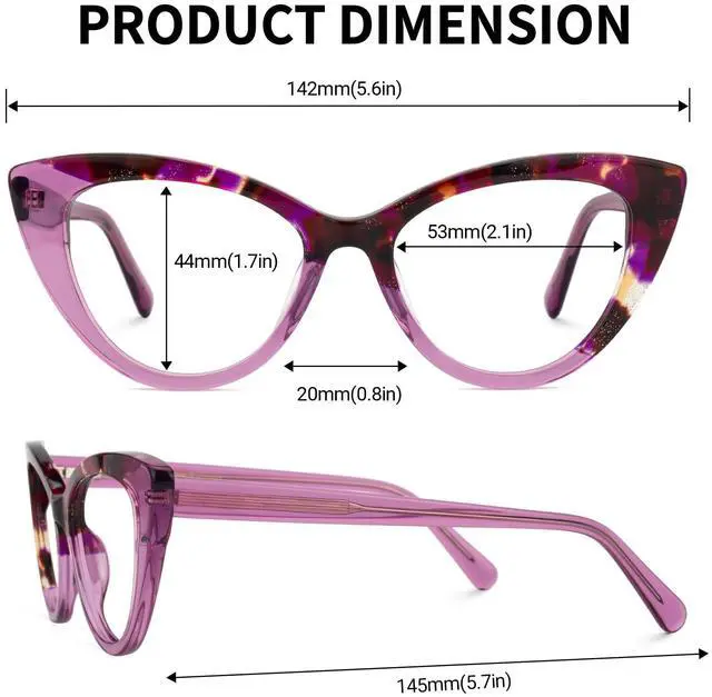 Alt view image 2 of 5 - VOOGLAM Cat Eye Style Oversized Glasses Frames for Women, Patchwork Anti-blue Light Anti-glare Glasses Purple-7703