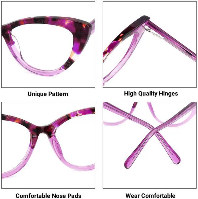 Alt view image 3 of 5 - VOOGLAM Cat Eye Style Oversized Glasses Frames for Women, Patchwork Anti-blue Light Anti-glare Glasses Purple-7703