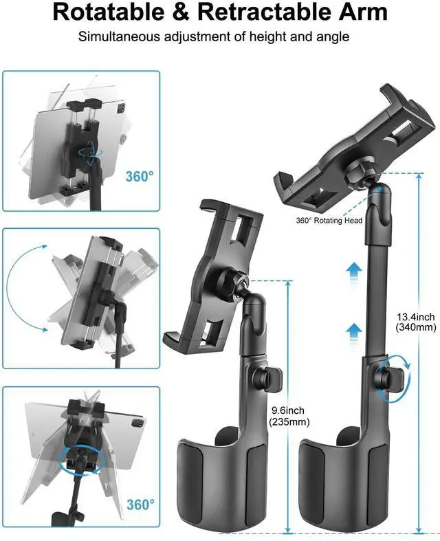 Alt view image 3 of 5 - woleyi Cup Holder Tablet Holder for Car Mount - [3 in 1 Expander Bottle] Car Cup Tablet Mount for Car/Truck with Height Adjustable Metal Arm, for iPad Pro Air Mini, Galaxy Tab, Z Fold, 4.7-13" Devices