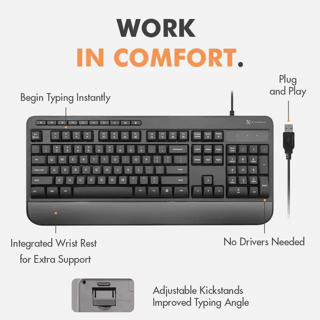 Alt view image 2 of 5 - X9 Wired Keyboard - Comfortable Typing - Ergonomic Full Size USB Keyboard with Wrist Rest, Number Pad, Multimedia and 114 Keys - External Computer Keyboard for Laptop, Desktop and Office PC