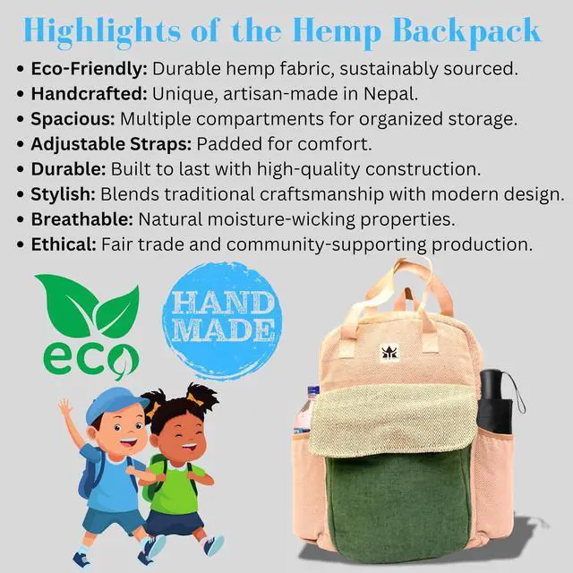Alt view image 4 of 5 - YAK & YETI Handcrafted Hemp Backpack from Nepal  Eco-Friendly, Durable, and Stylish with Adjustable Straps-Multi Pocket (Eco)