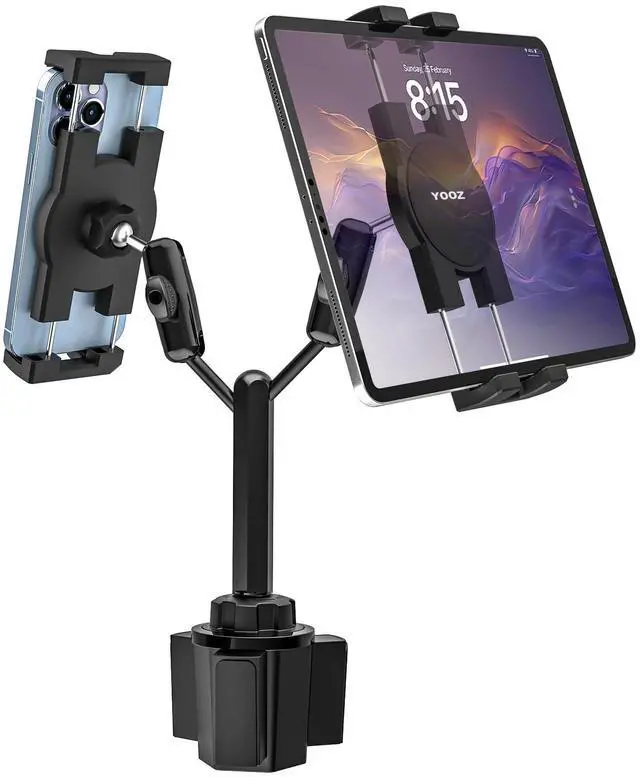 Main image of YOOZ Dual Car Tablet Mount for Cup Holder [Double Device Clamp] Truck Cupholder Tablet Holder with Adjustable Metal Arm for iPad Mini Air Pro, Galaxy Tab, Surface, Fire, Phone, 4-12.9"