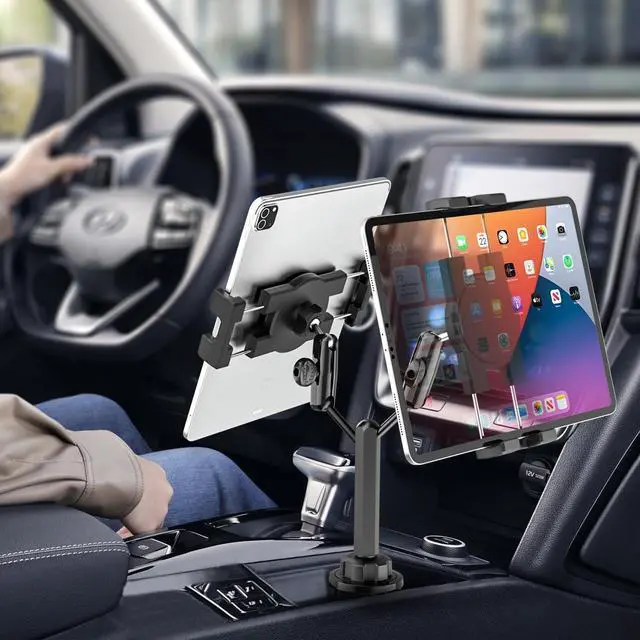 Alt view image 2 of 5 - YOOZ Dual Car Tablet Mount for Cup Holder [Double Device Clamp] Truck Cupholder Tablet Holder with Adjustable Metal Arm for iPad Mini Air Pro, Galaxy Tab, Surface, Fire, Phone, 4-12.9"
