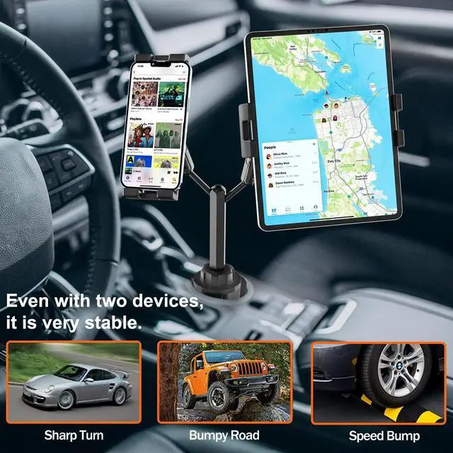 Alt view image 3 of 5 - YOOZ Dual Car Tablet Mount for Cup Holder [Double Device Clamp] Truck Cupholder Tablet Holder with Adjustable Metal Arm for iPad Mini Air Pro, Galaxy Tab, Surface, Fire, Phone, 4-12.9"