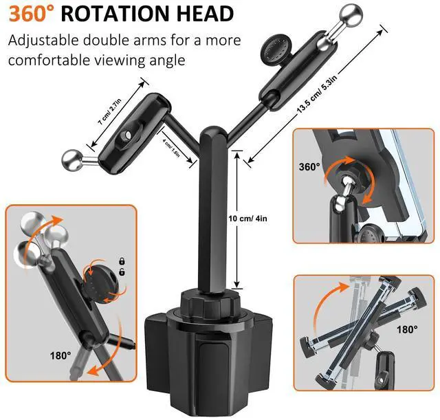Alt view image 5 of 5 - YOOZ Dual Car Tablet Mount for Cup Holder [Double Device Clamp] Truck Cupholder Tablet Holder with Adjustable Metal Arm for iPad Mini Air Pro, Galaxy Tab, Surface, Fire, Phone, 4-12.9"