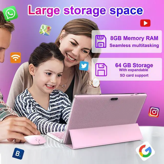 Alt view image 2 of 5 - YQSAVIOR Android 14, Tablet 10 inch, 2 in 1 Tablet with Keyboard, 8GB+64GB+1TB, Quad Core, 1280 * 800 HD Screen, Dual Camera, Wi-Fi, BT Computer Tablets with Case Mouse Stylus, Pink
