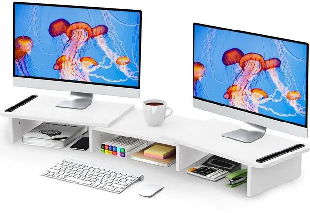 Main image of Zimilar Dual Monitor Stand Riser, Monitor Stand with Adjustable Length and Angle, Wood Monitor Stand for Desk, Monitor Riser for 2 Monitors with Storage Space