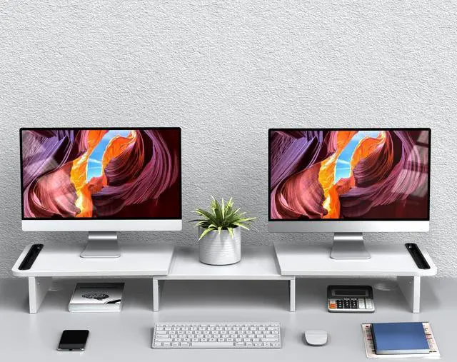 Alt view image 3 of 5 - Zimilar Dual Monitor Stand Riser, Monitor Stand with Adjustable Length and Angle, Wood Monitor Stand for Desk, Monitor Riser for 2 Monitors with Storage Space